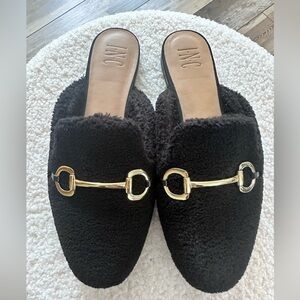 INC International Concepts Black Faux-Shearling Slip-On Mules with Gold Bit